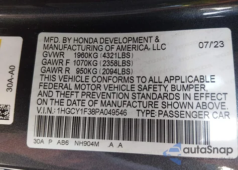2023 Honda Accord Ex z USA, uszkodzony, nr VIN 1HGCY1F38PA049546